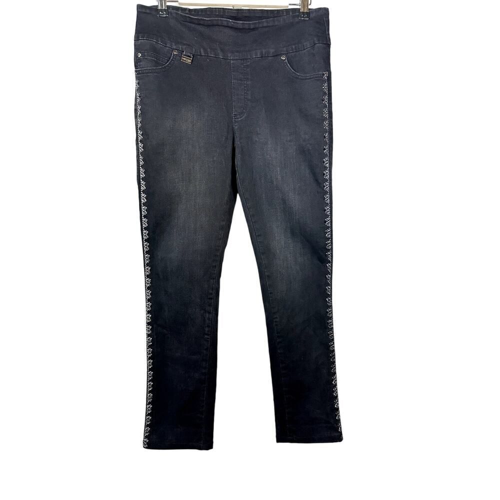 LISETTE L Women's Embellished Trim Tummy Control Denim Jeans Black Size 10
